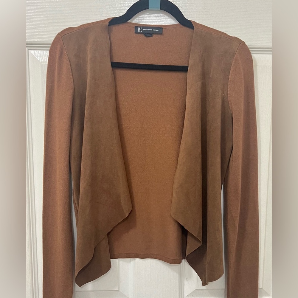 INC International Concepts Faux Moleskin Cardigan Cowgirl Brown Suede PM - Picture 4 of 4